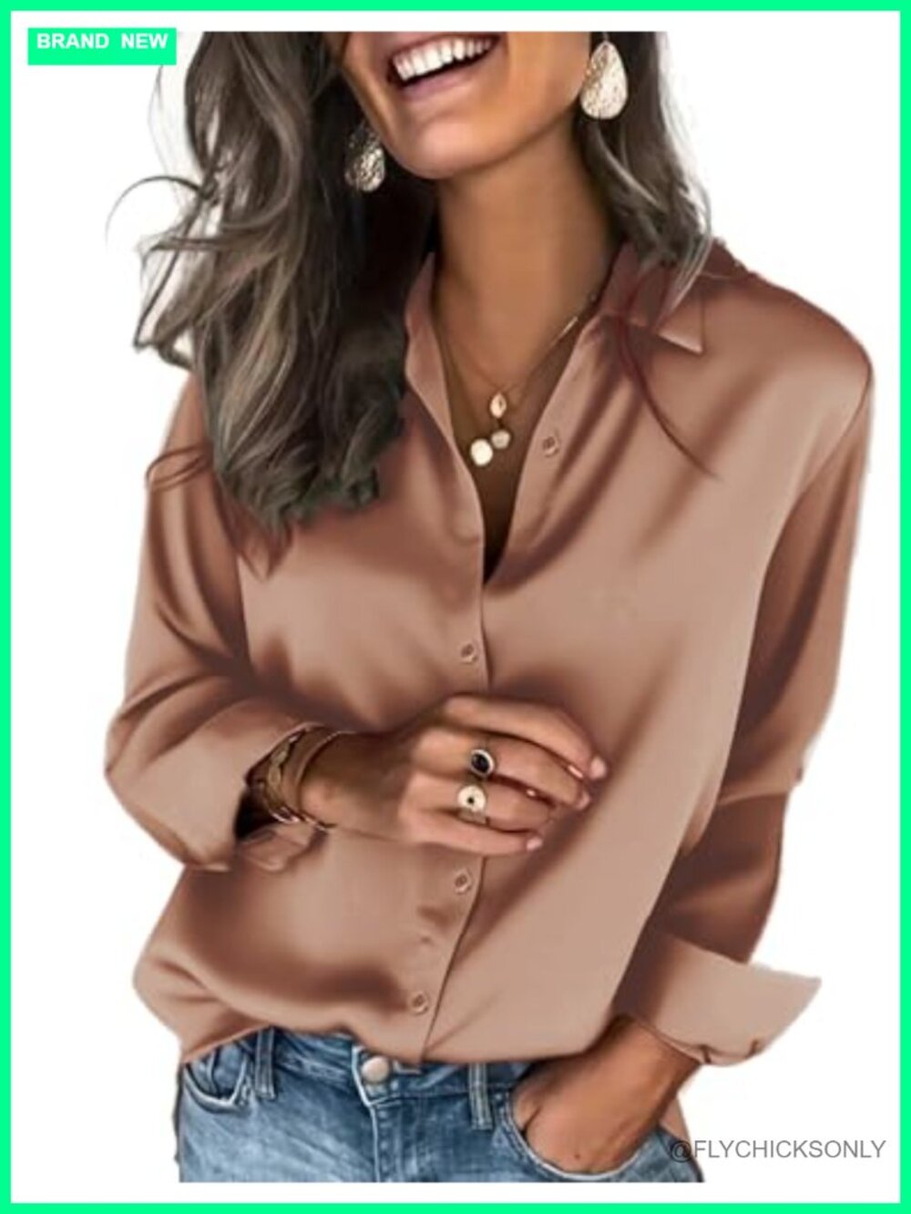 Satin Button Down Blouse Long Sleeve V-Neck Tuxedo Shirt Office Top